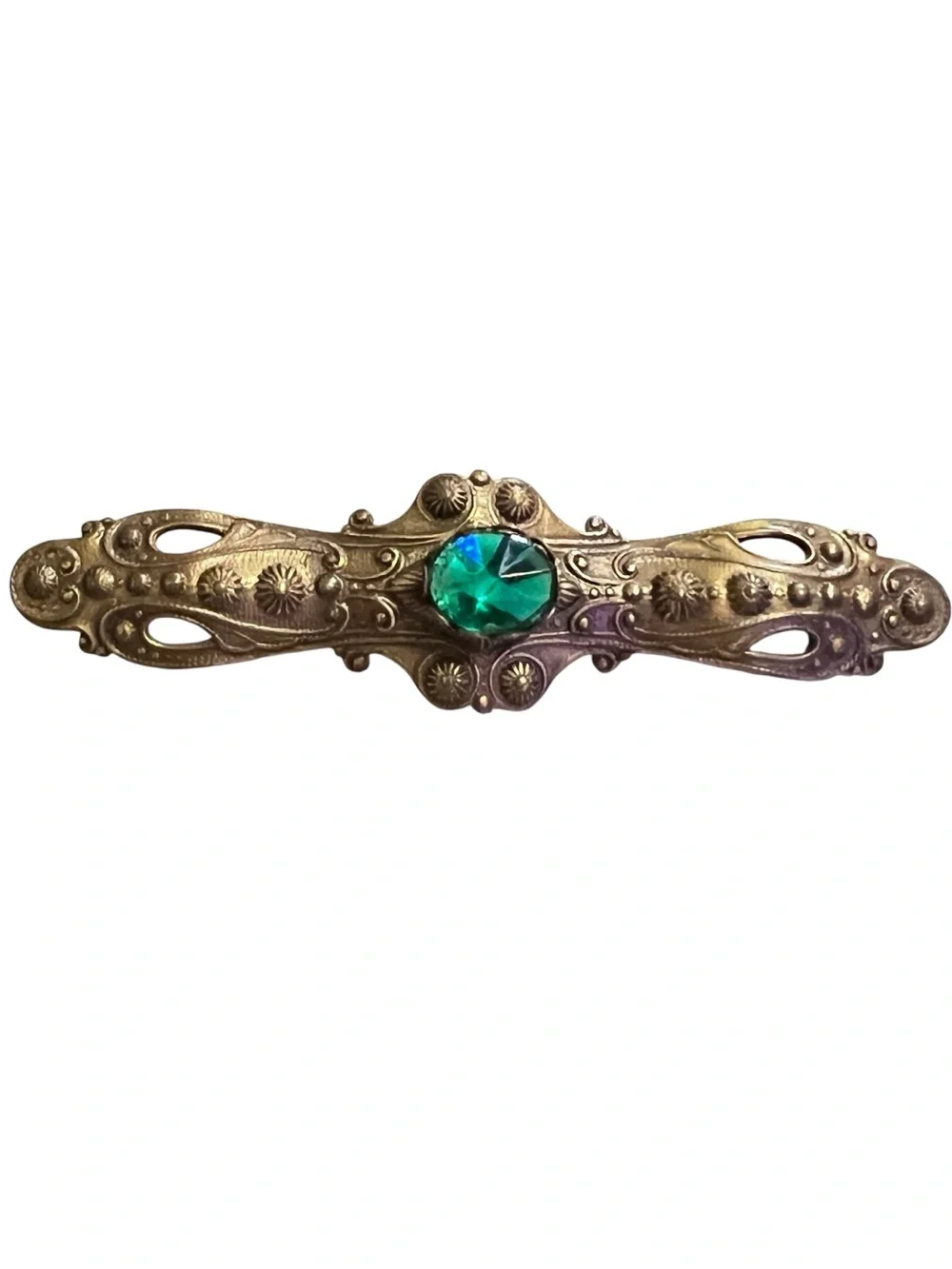 Antique-Style Gold Tone Bar Brooch with Green Crystal
